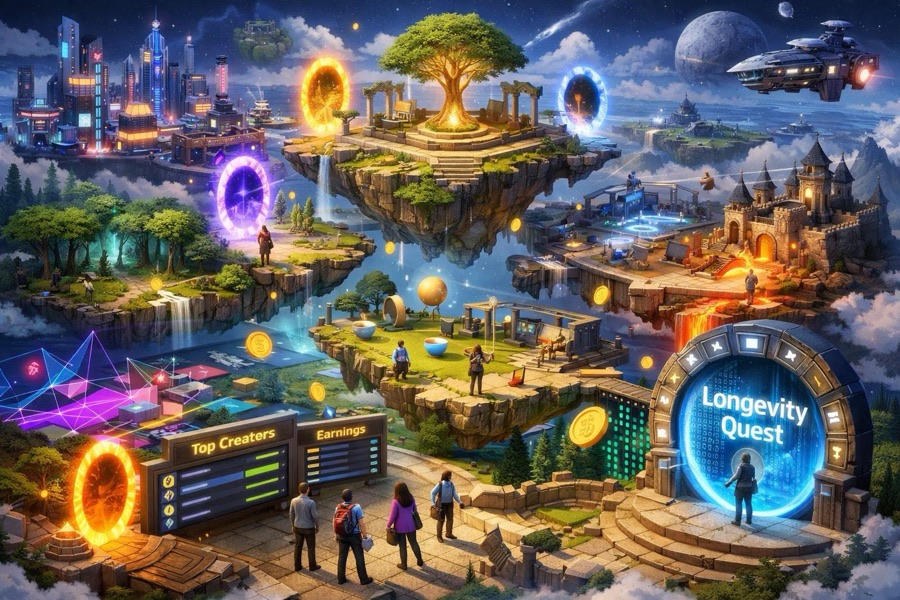 An imaginary world of floating islands and portals, each one a different community