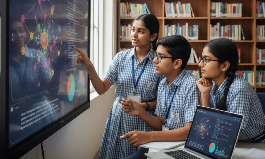 Students exploring a network of connected ideas on a classroom screen