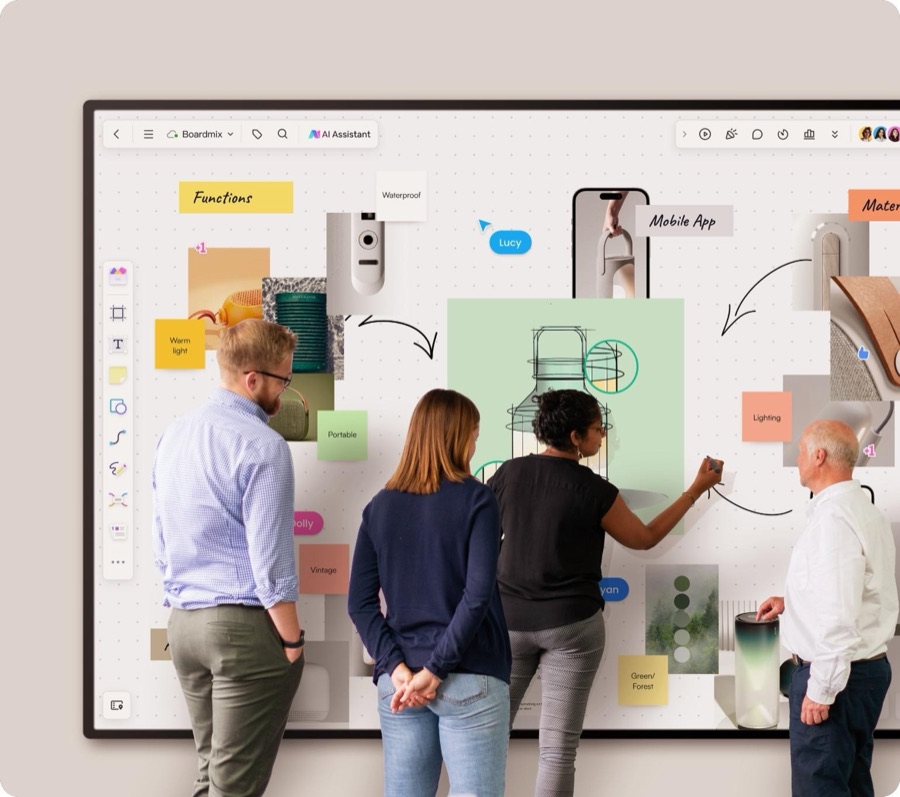 A team around a large shared board of product ideas, notes and sketches